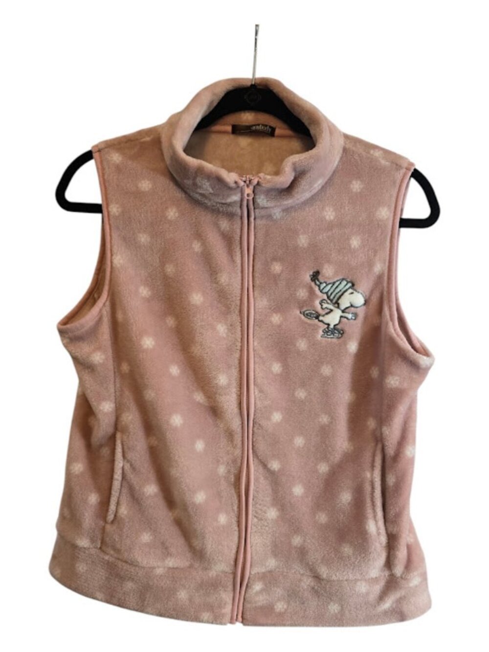 Fleece vest Anybody Peanuts Snoopy sleeveless zip up pink white dots large